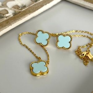 LAST ONE Clover Onyx Stone Necklace and Earrings Set Light Blue Four Leaf